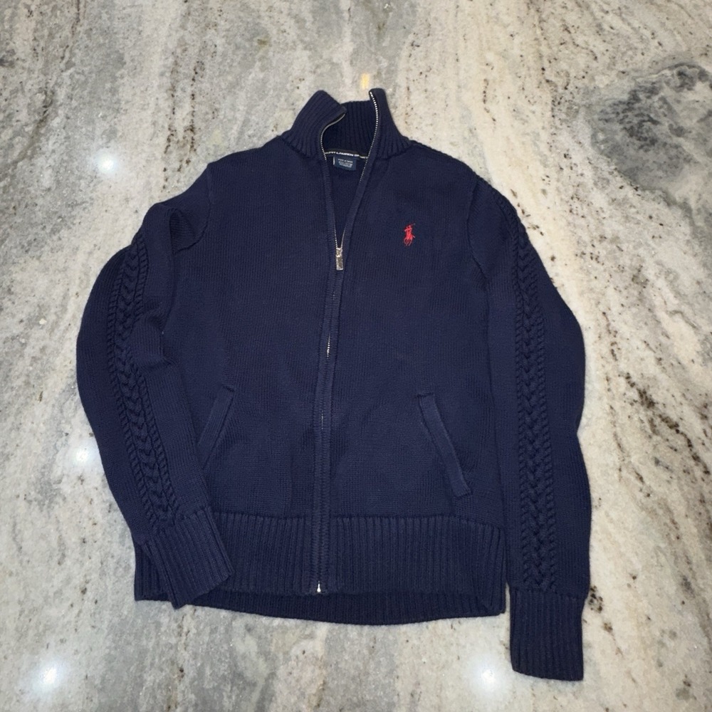 Ralph Lauren Navy Zip-Up Cable Knit Sweater with Red Pony